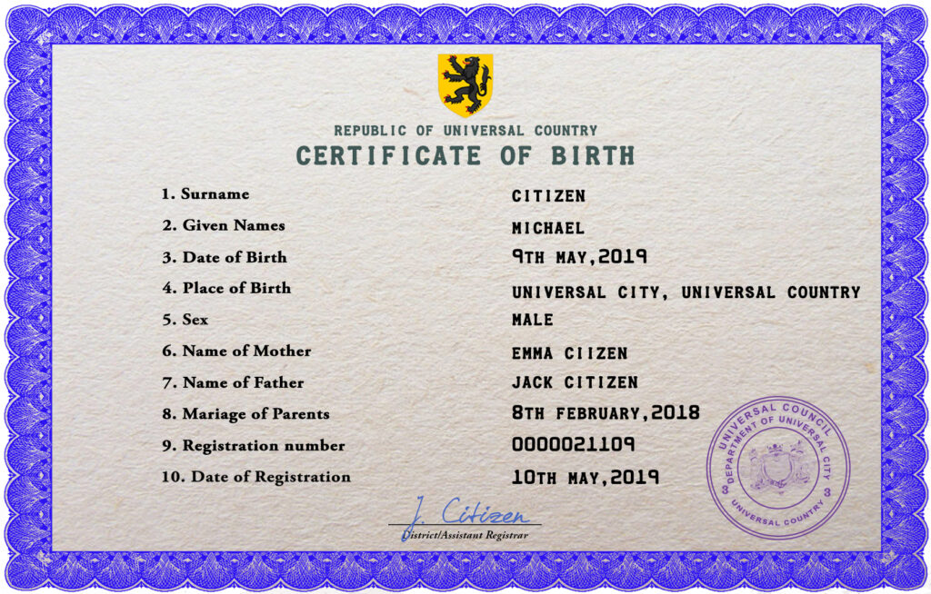 Authentic bold universal Birth Certificate PSD Template