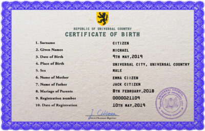 Authentic bold universal Birth Certificate PSD Template