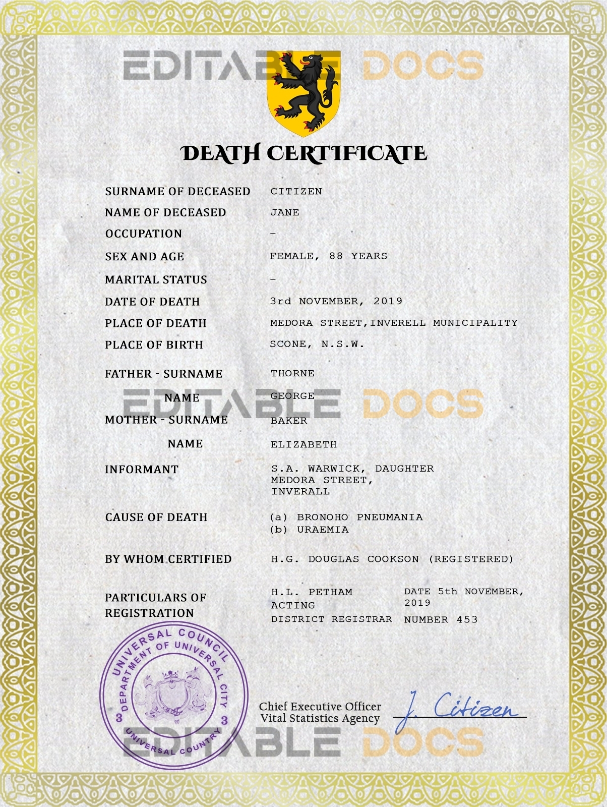 Customizable Broadcast Death Universal Certificate PSD Templates | Instant Download