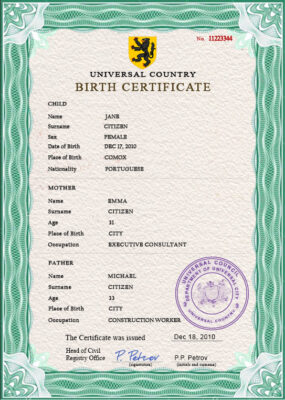 Authentic broadcast variety universal Birth Certificate PSD Template