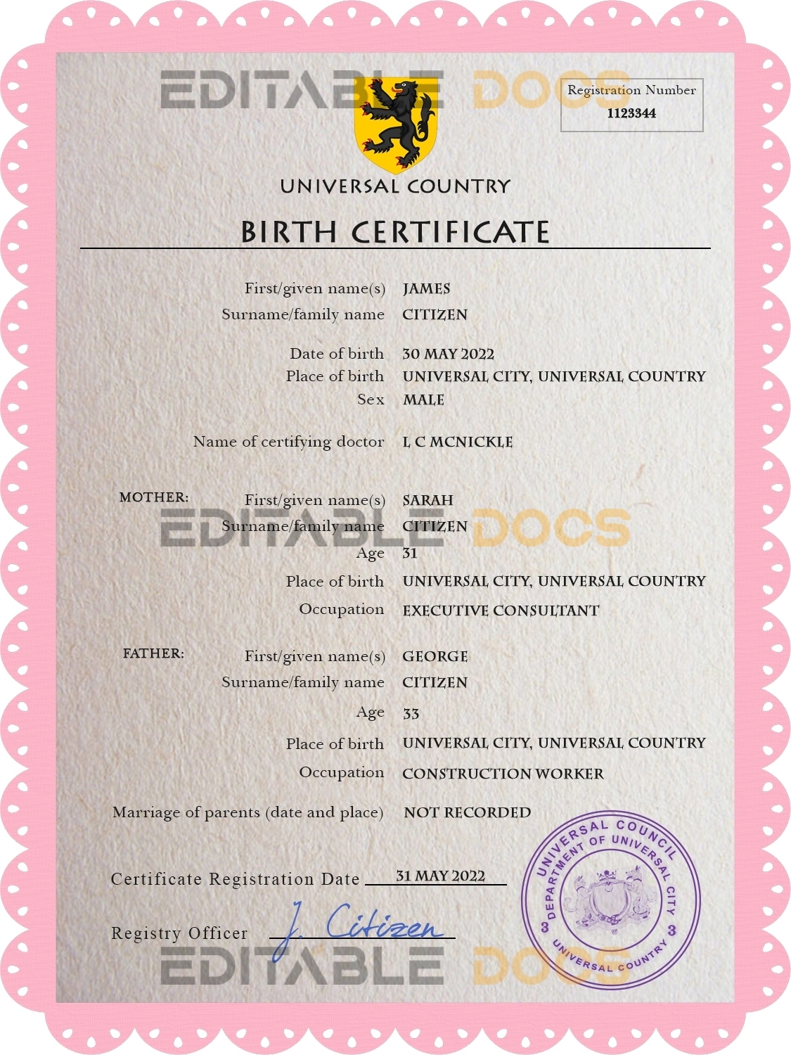 Authentic busk universal Birth Certificate PSD Template | Customize and Download Online