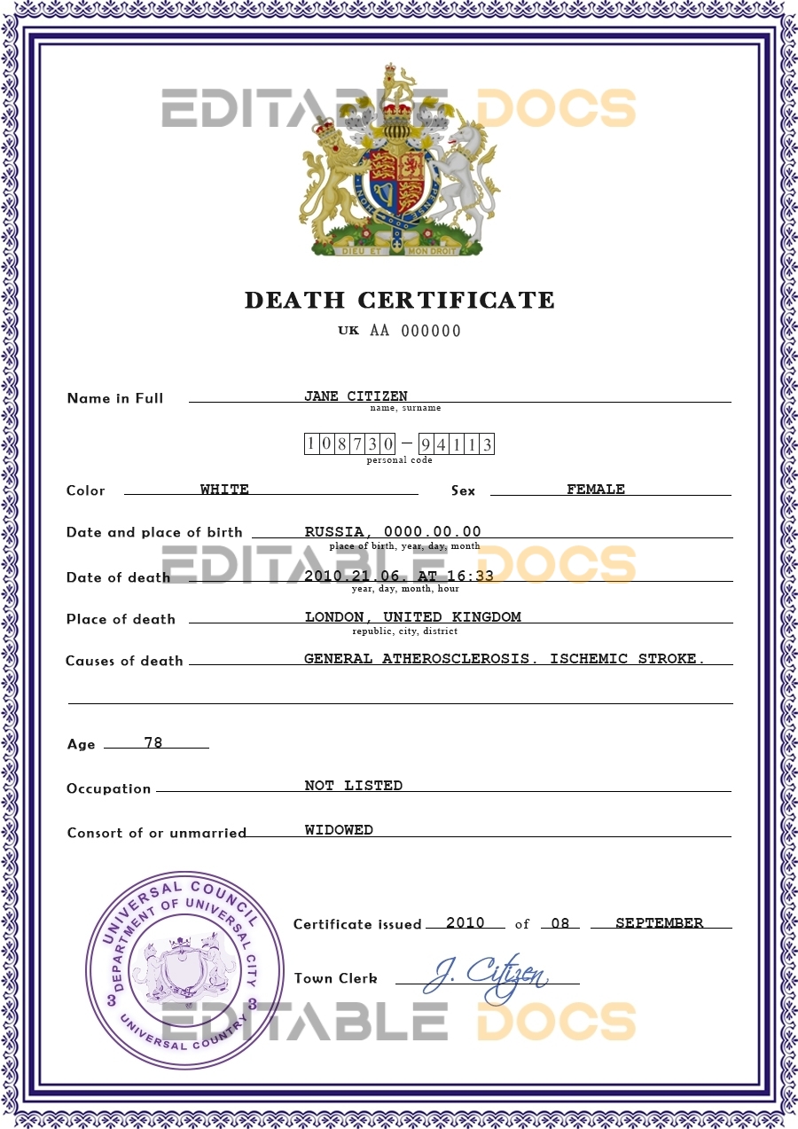Customizable Certificate Expert Vital Record Universal Death Certificate PSD Templates | Instant Download