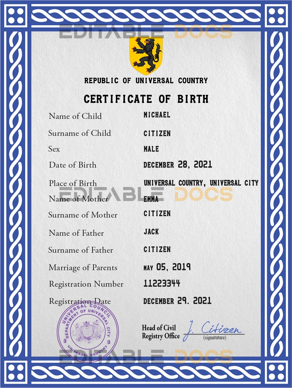 Authentic certificatetastic universal Birth Certificate PSD Template | Customize and Download Online