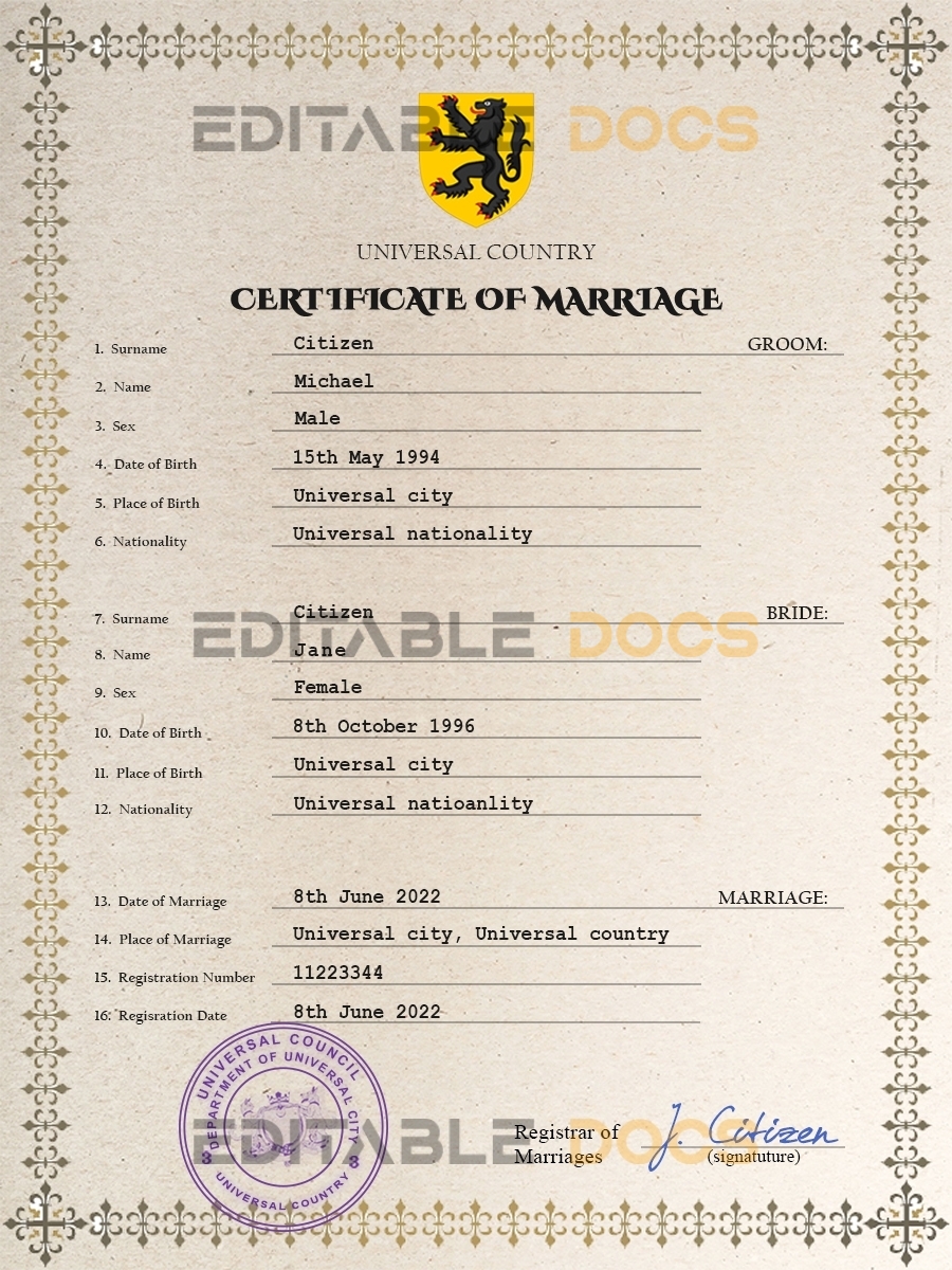 charm universal Marriage Certificate | Editable PSD Templates