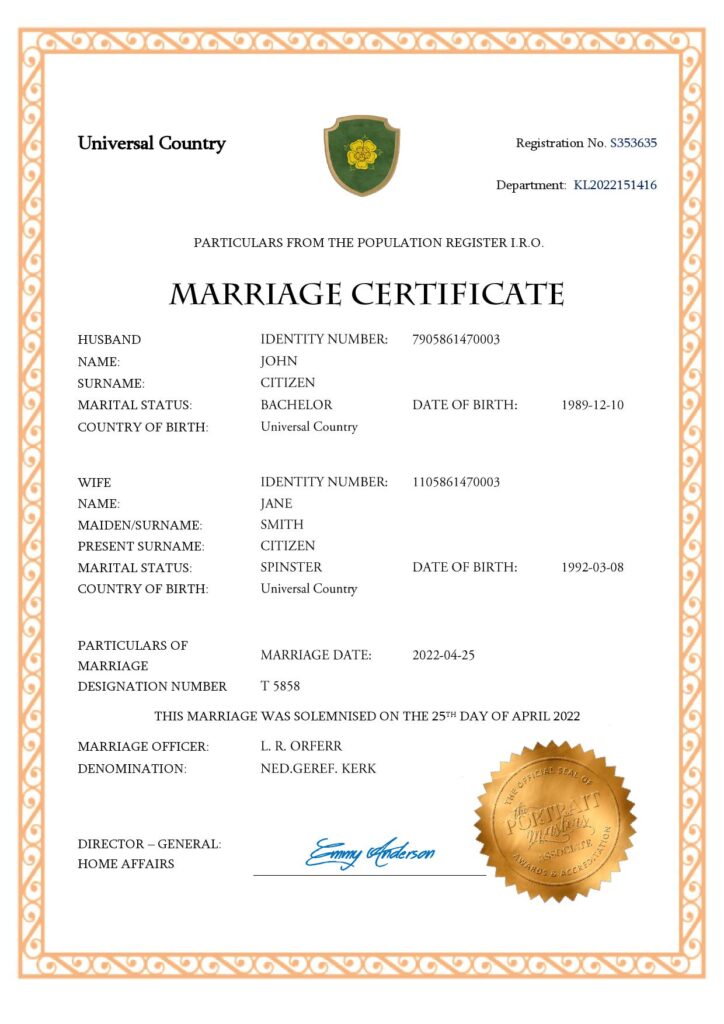 charm universal Marriage Certificate