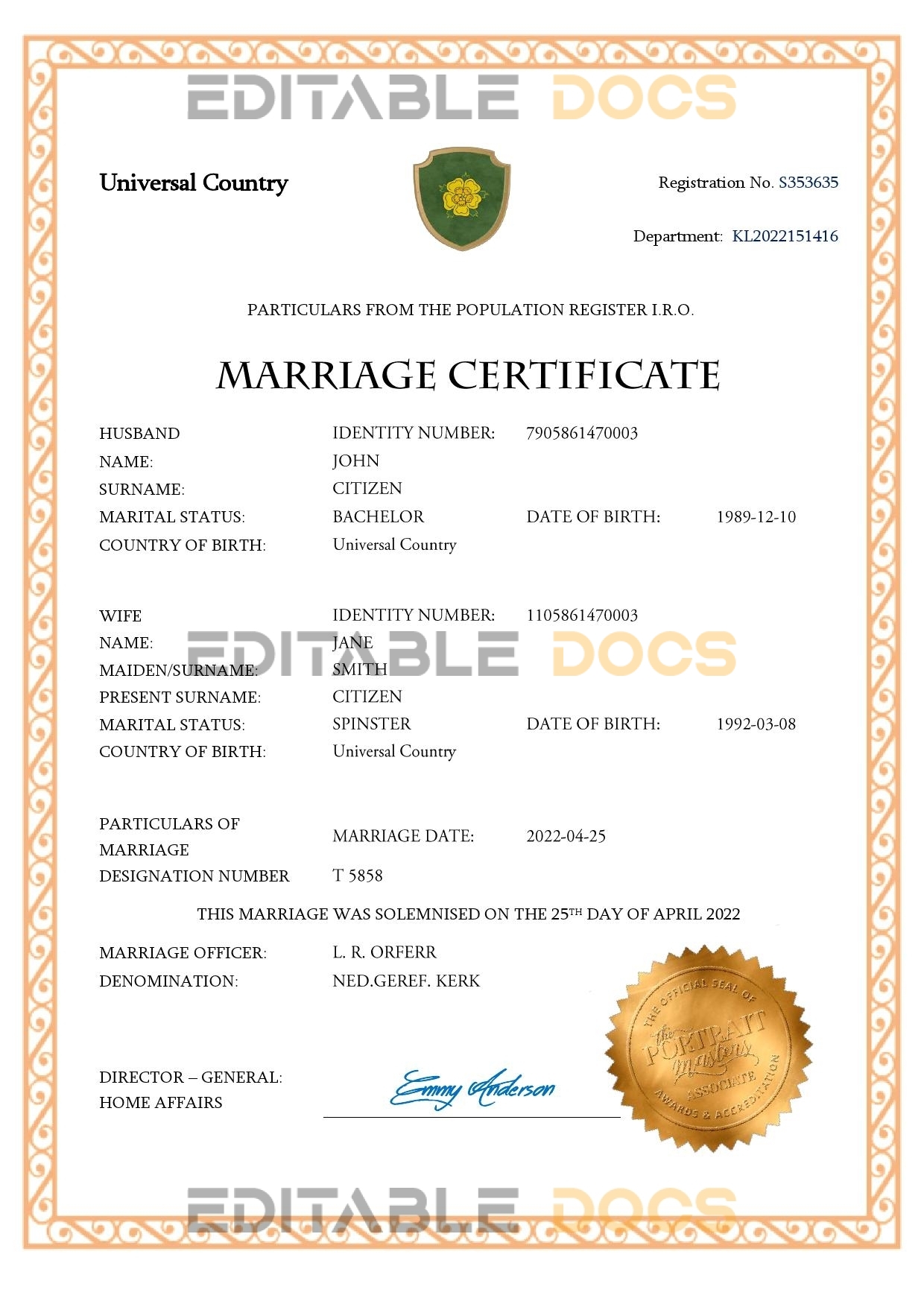 charm universal Marriage Certificate | Editable PDF Templates