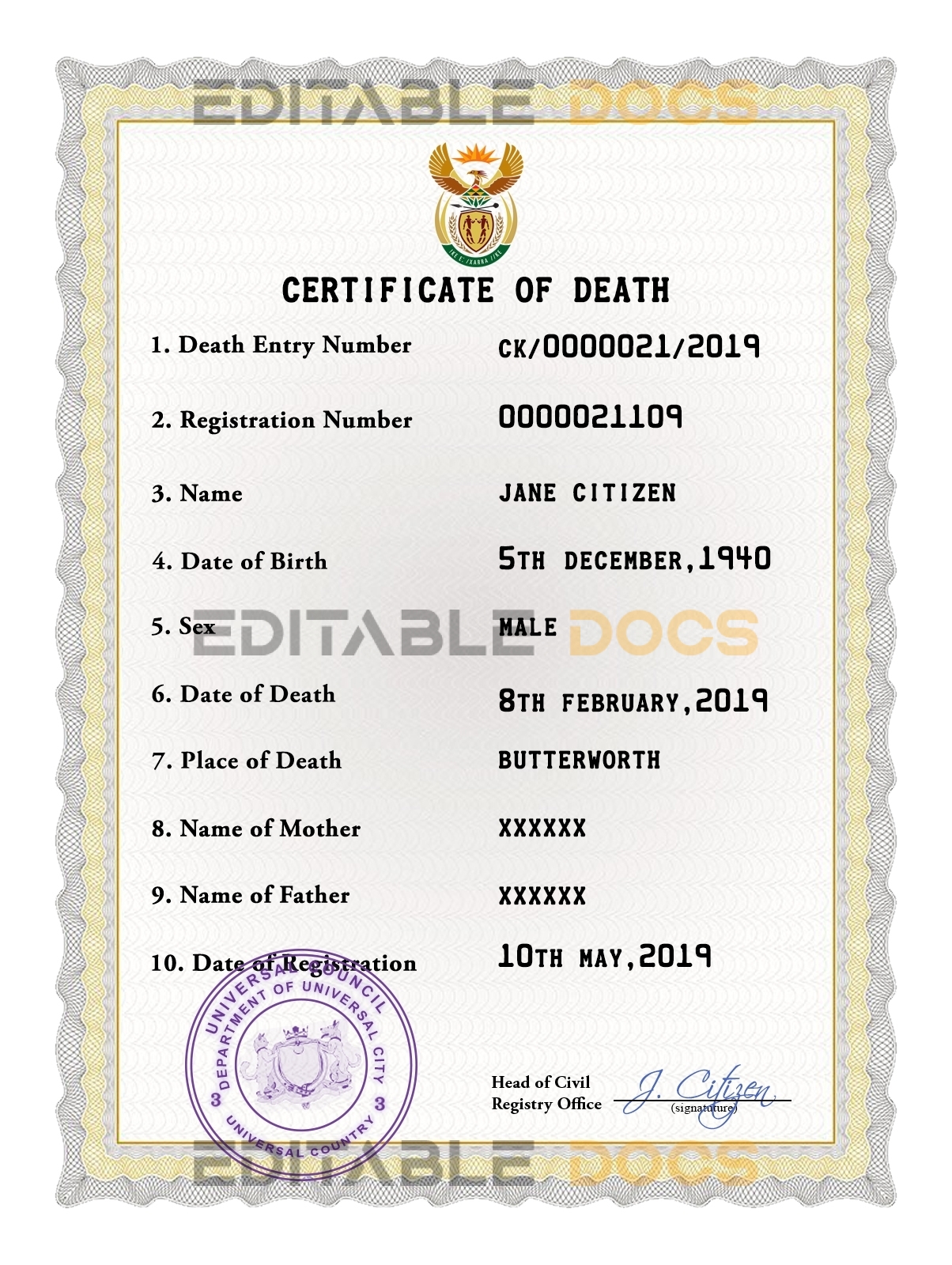 Customizable Coat Optimum Universal Death Certificate PSD Templates | Instant Download