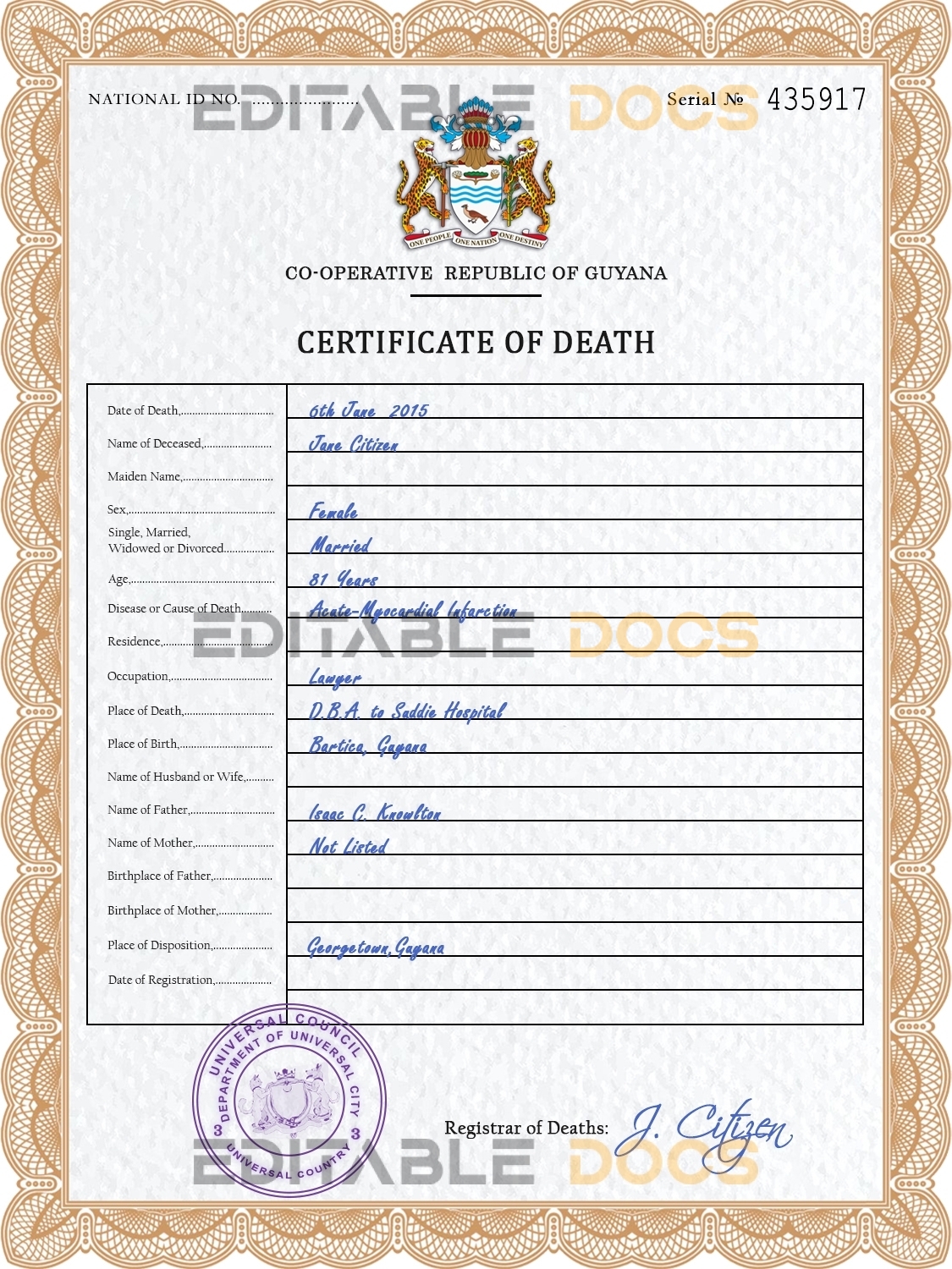 Customizable Coat Push Universal Death Certificate PSD Templates | Instant Download (Copy)