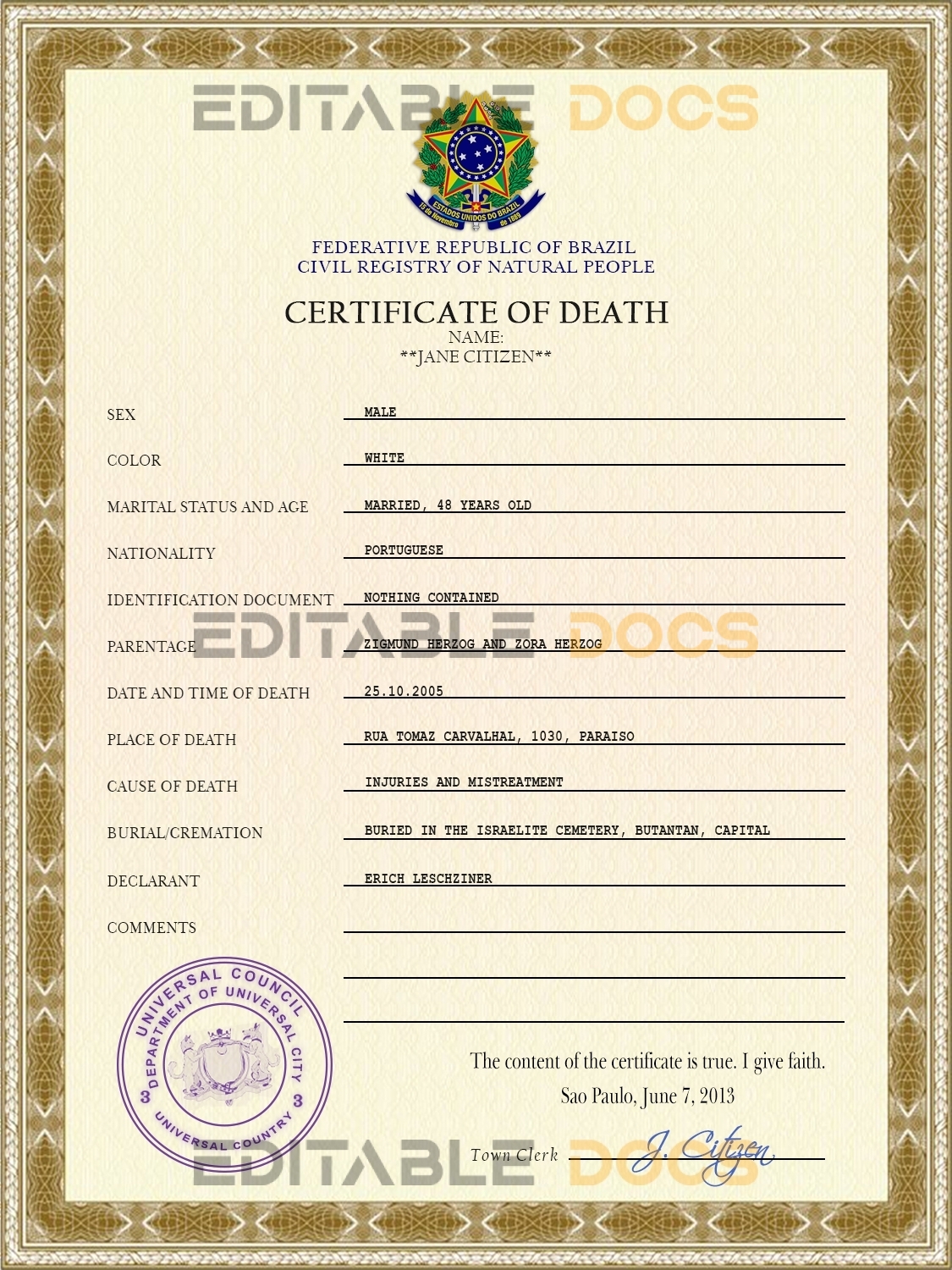 Customizable Coat Super Vital Record Universal Death Certificate PSD Templates | Instant Download