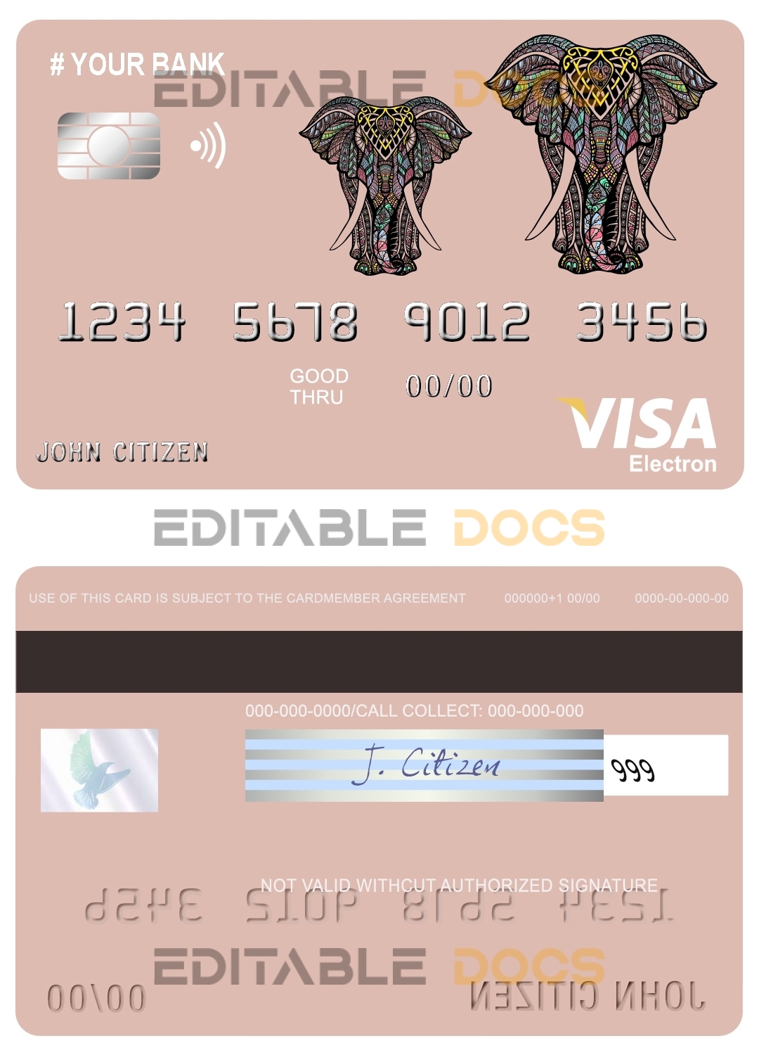 Editable colored elephant universal visa electron card Templates in PSD Format