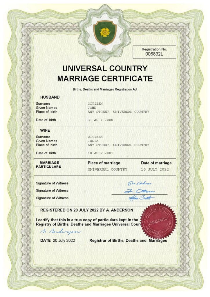comfort universal Marriage Certificate