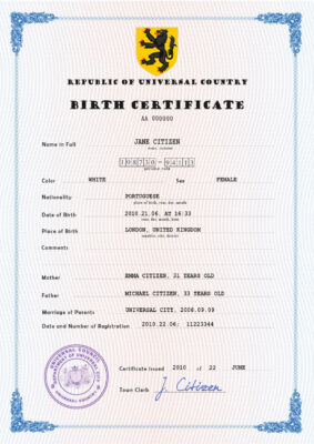Authentic core tide universal Birth Certificate PSD Template