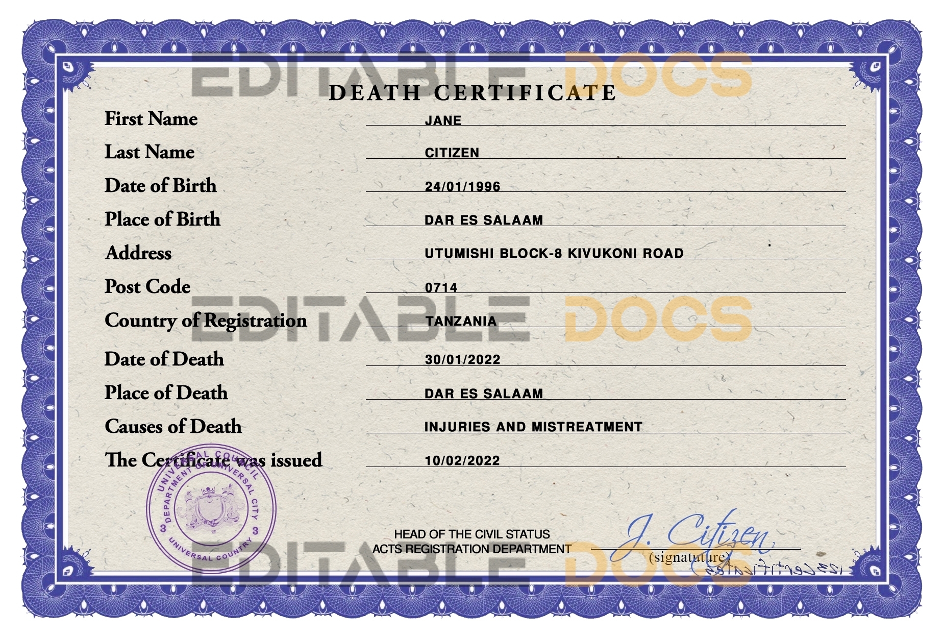 Customizable Death Solutions Universal Death Certificate PSD Templates | Instant Download