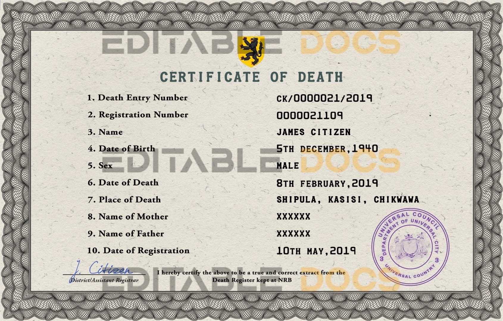 Customizable Deathprism Universal Death Certificate PSD Templates | Instant Download