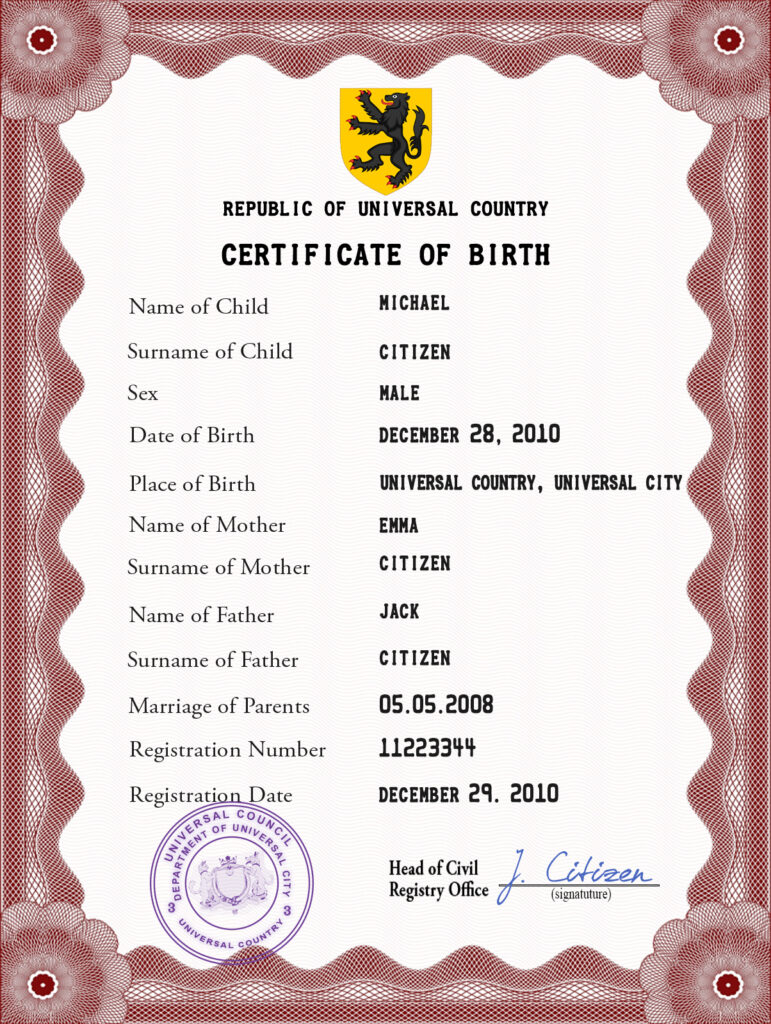 Authentic mass project universal Birth Certificate PSD Template
