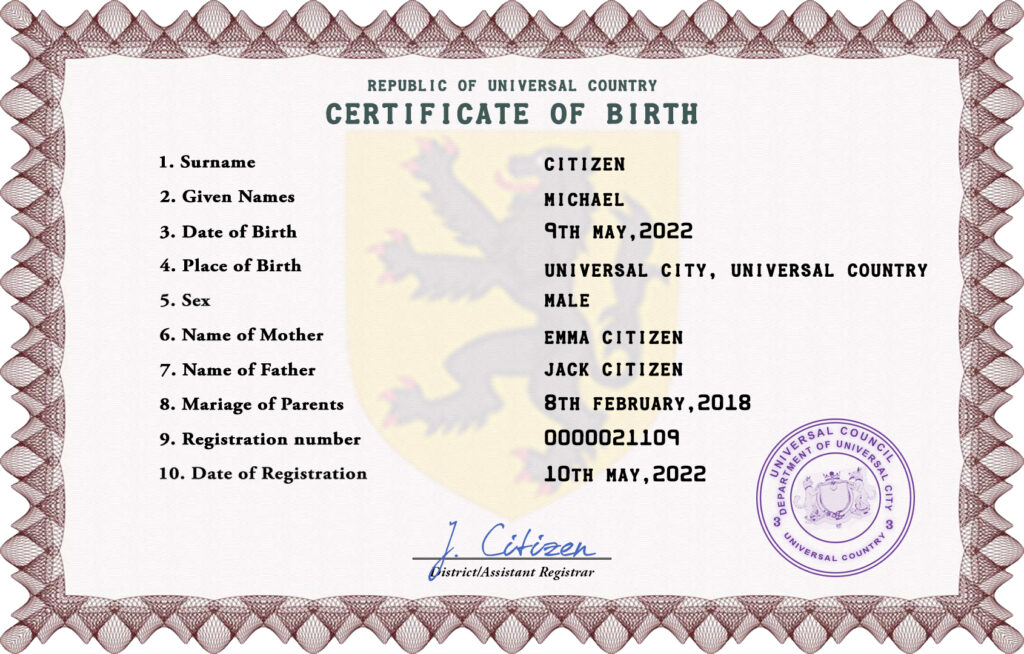 Authentic discover universal Birth Certificate PSD Template