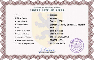 Authentic discover universal Birth Certificate PSD Template