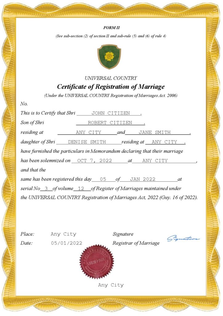 dreams universal Marriage Certificate
