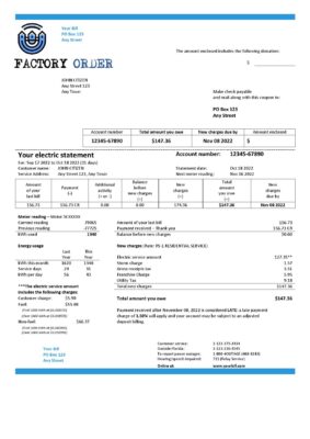 factory order universal multipurpose utility bill template in Word and PDF format