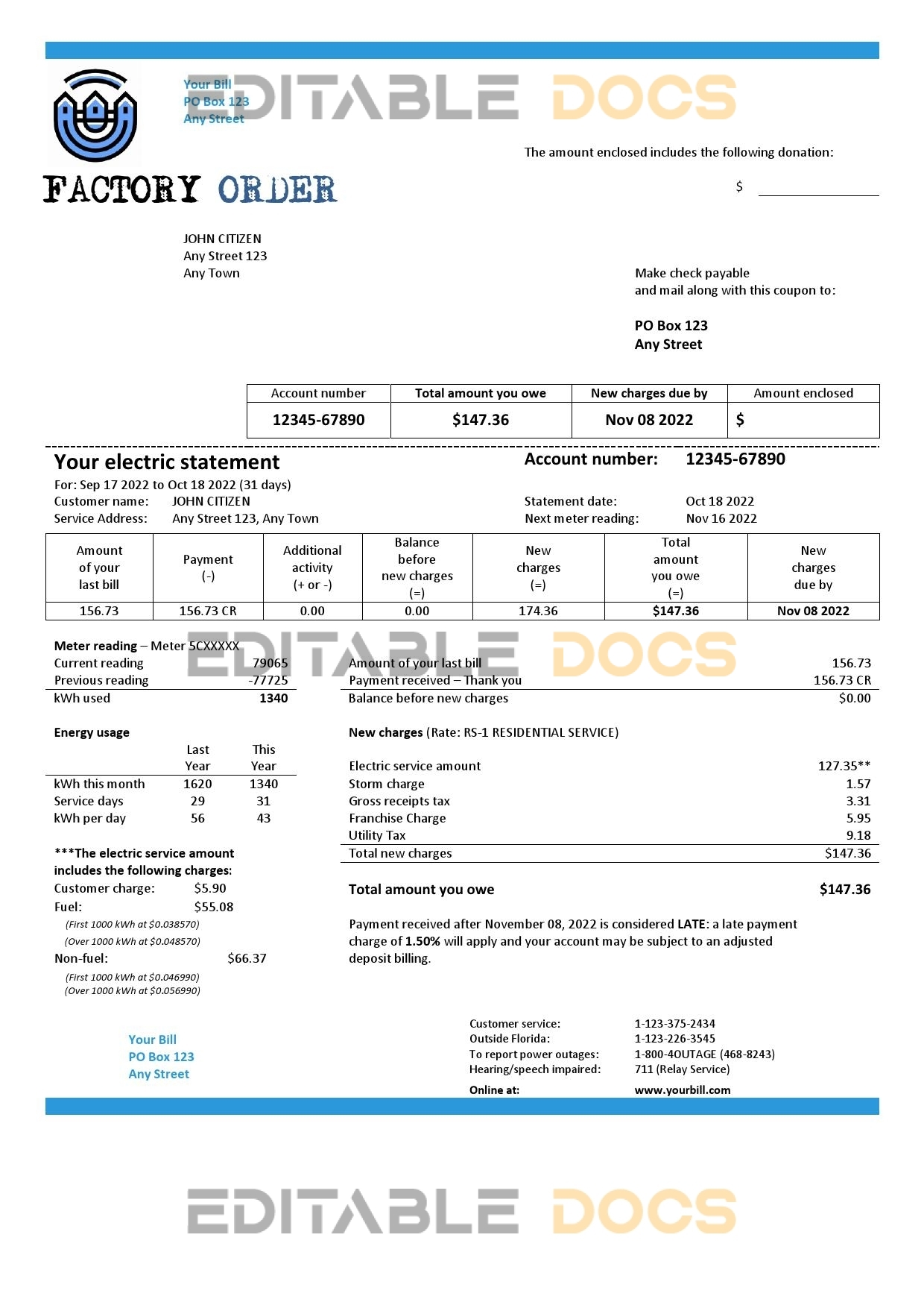 factory order universal multipurpose utility bill template in Word and PDF format