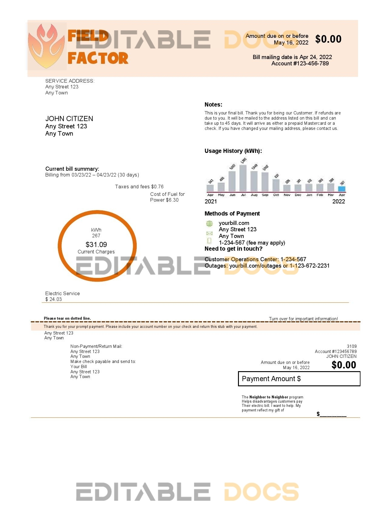 field factor universal multipurpose utility bill template in Word and PDF format
