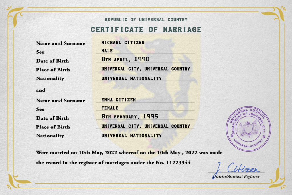 fine universal Marriage Certificate