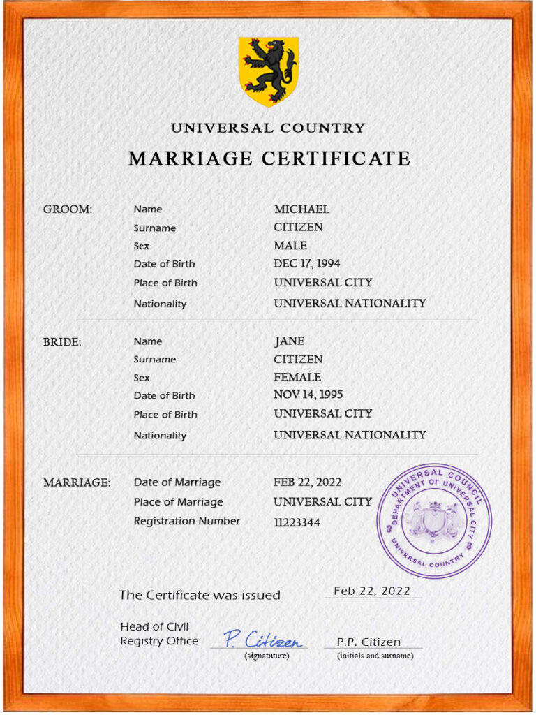 foregorund universal Marriage Certificate