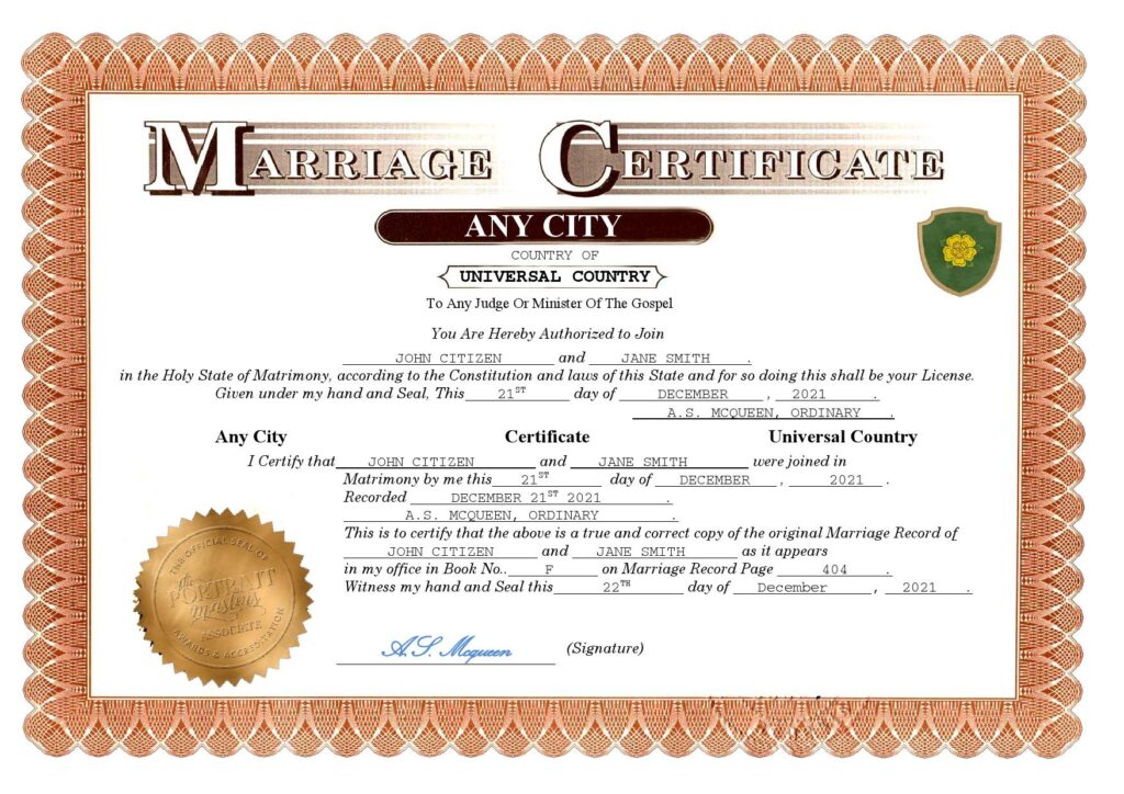 forever universal Marriage Certificate