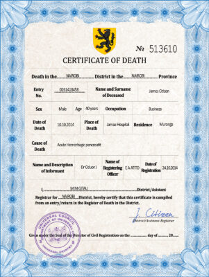 Customizable Foster Universal Death Certificate PSD Templates