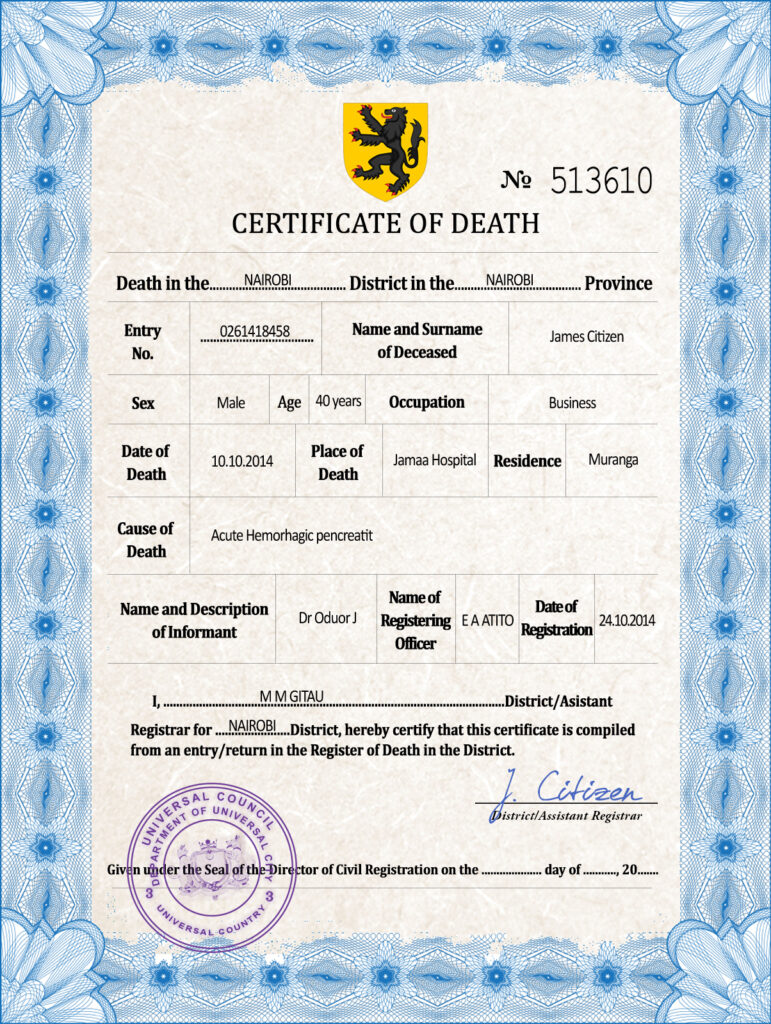 Customizable Foster Universal Death Certificate PSD Templates