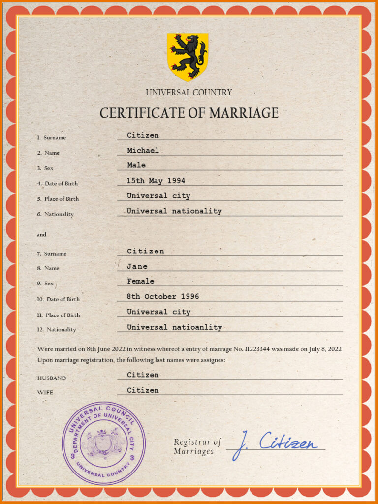grace universal Marriage Certificate psd