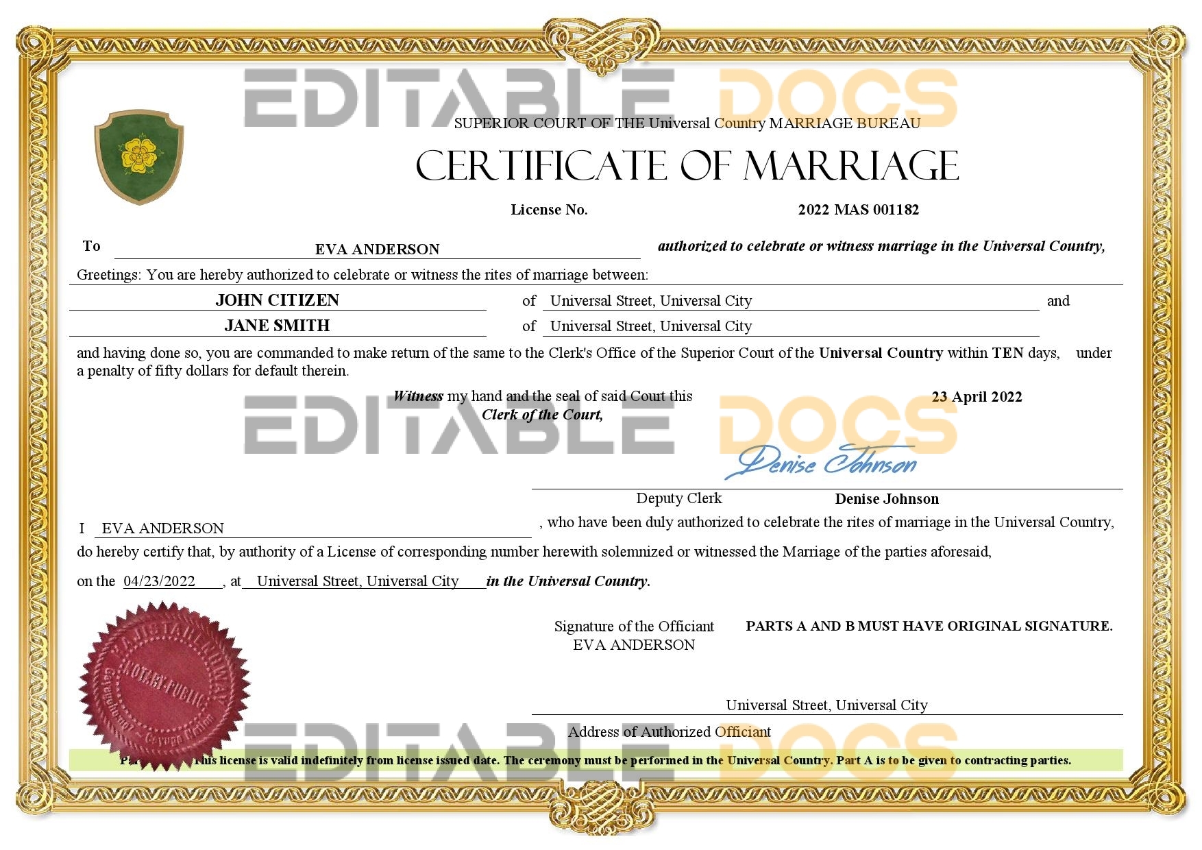 grace universal Marriage Certificate | Editable PDF Templates
