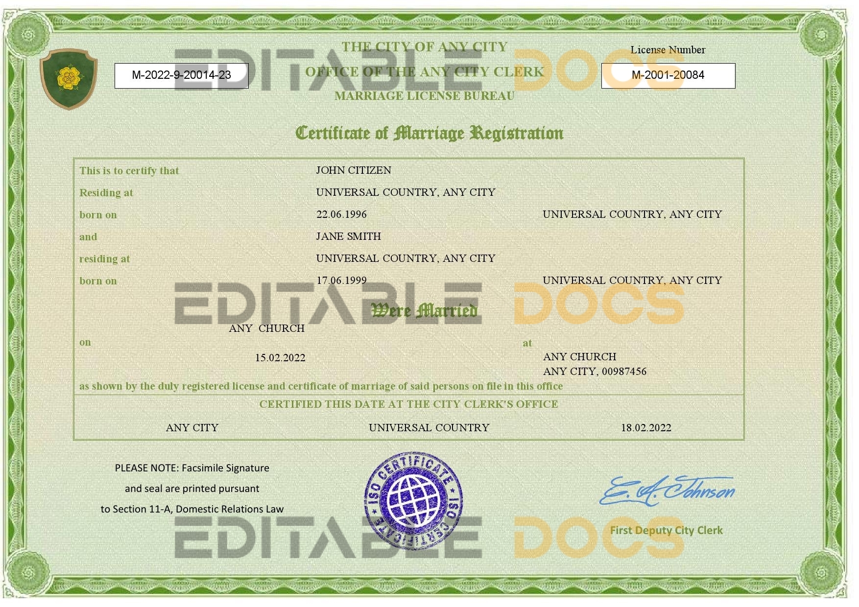 green universal Marriage Certificate | Editable PDF Templates