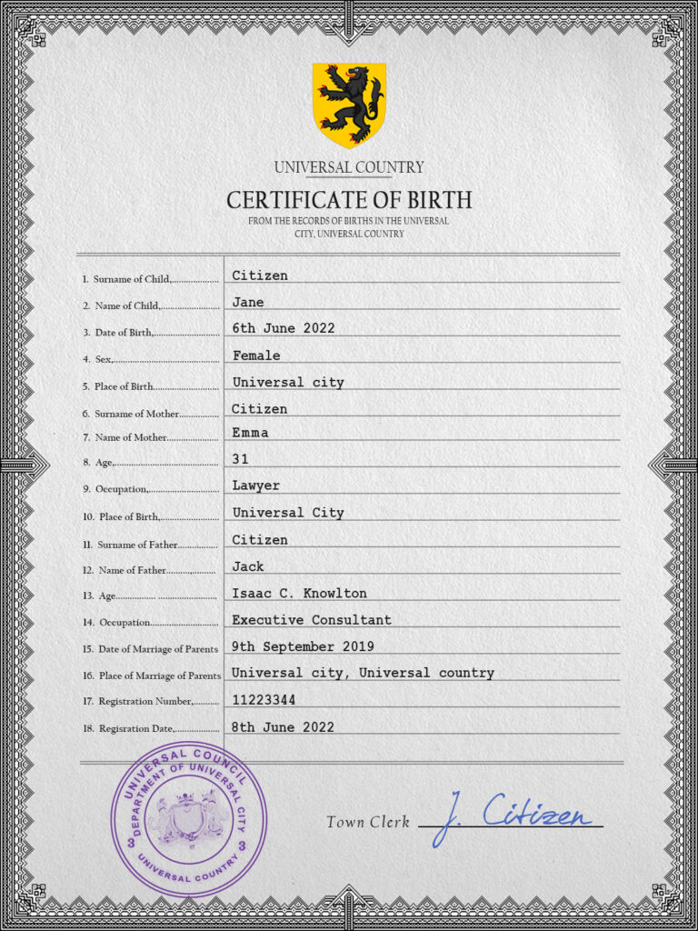 Authentic horizon universal Birth Certificate PSD Template