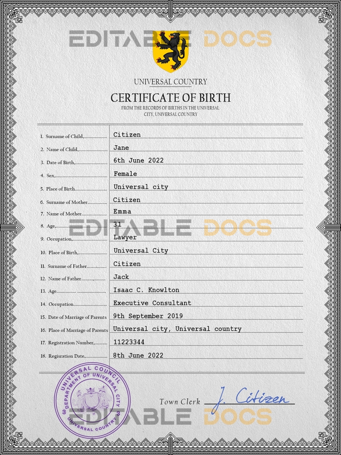 Authentic horizon universal Birth Certificate PSD Template | Customize and Download Online