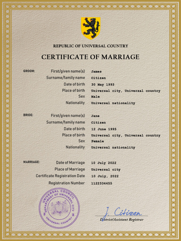 instict universal Marriage Certificate psd
