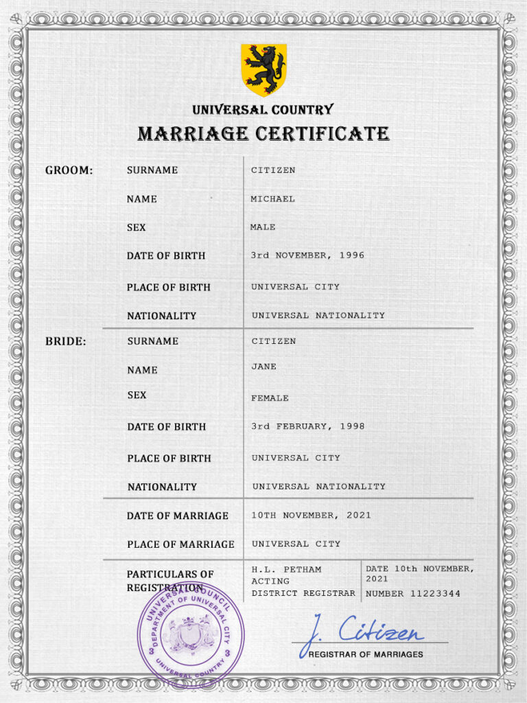 joy universal Marriage Certificate psd