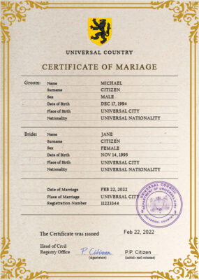 license universal Marriage Certificate