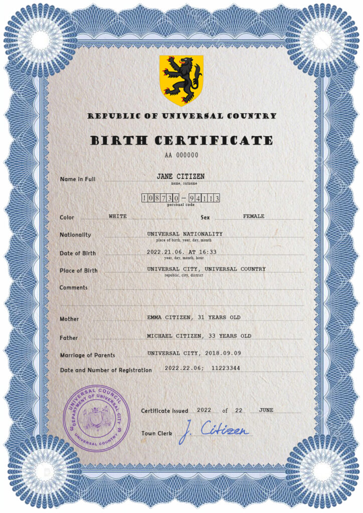 Authentic loop editor universal Birth Certificate PSD Template