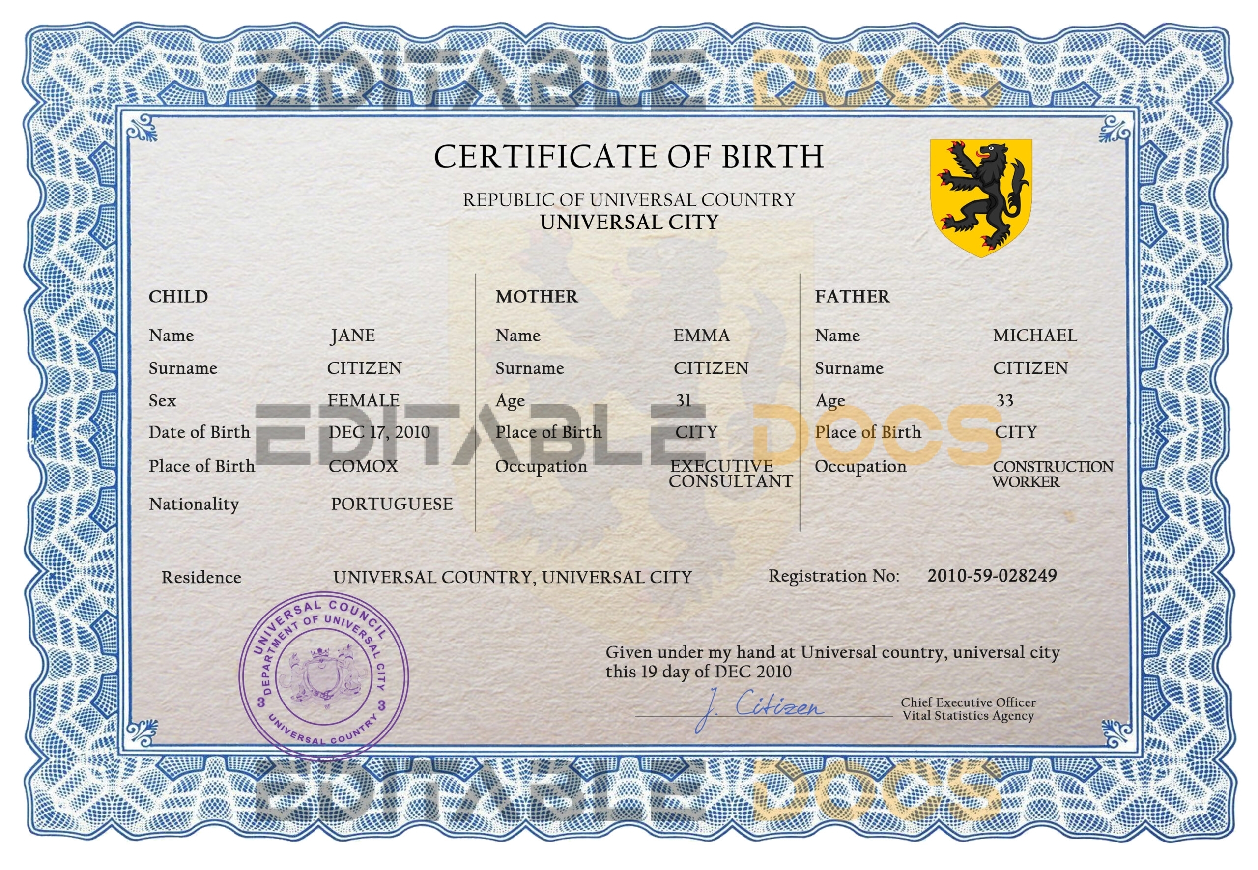 Authentic made universal Birth Certificate PSD Template | Customize and Download Online