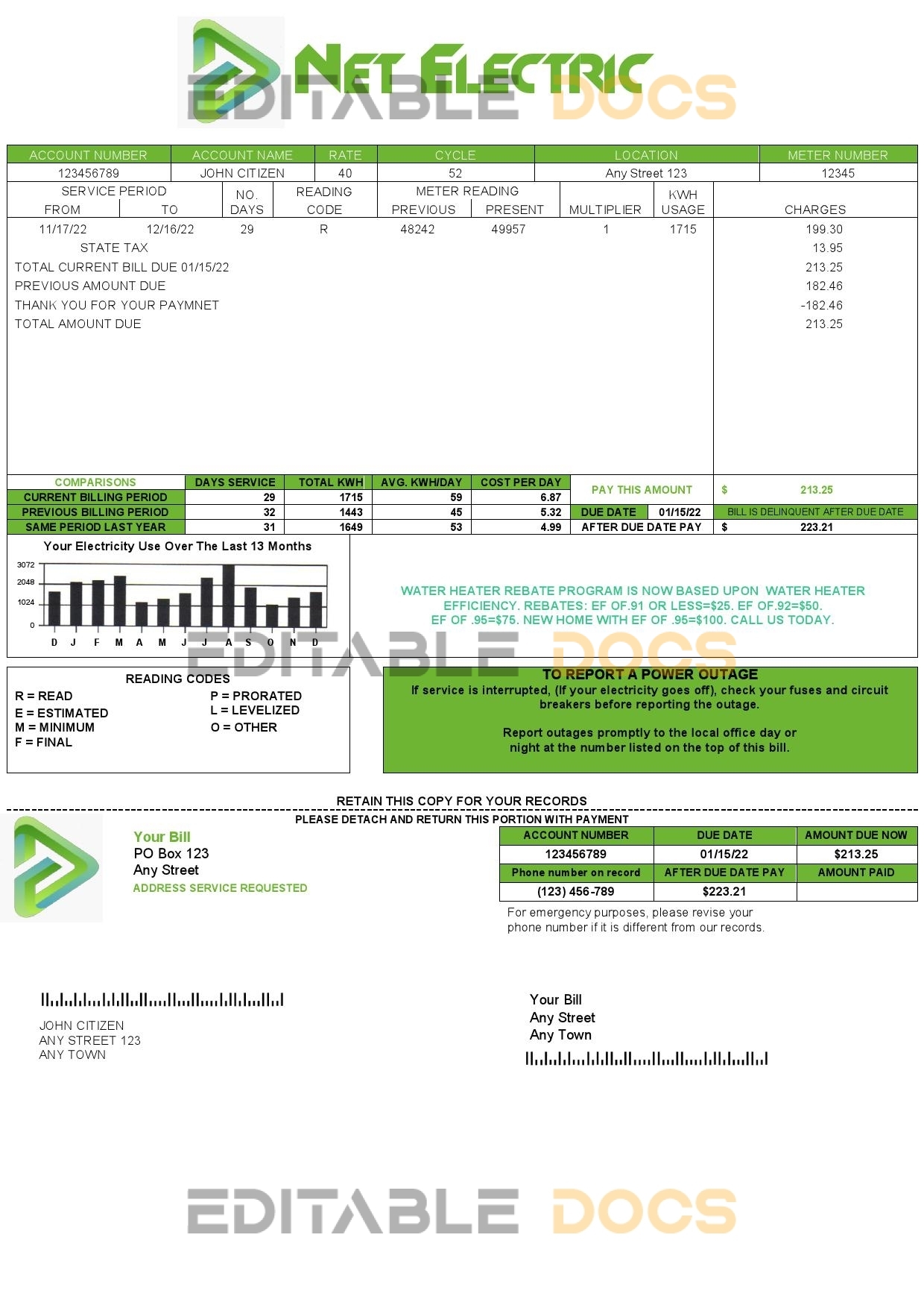 net electric universal multipurpose utility bill template in Word and PDF format
