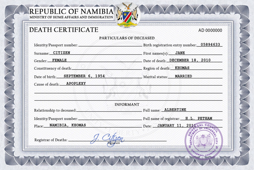 Customizable Of Deluxe Universal Death Certificate PSD Templates