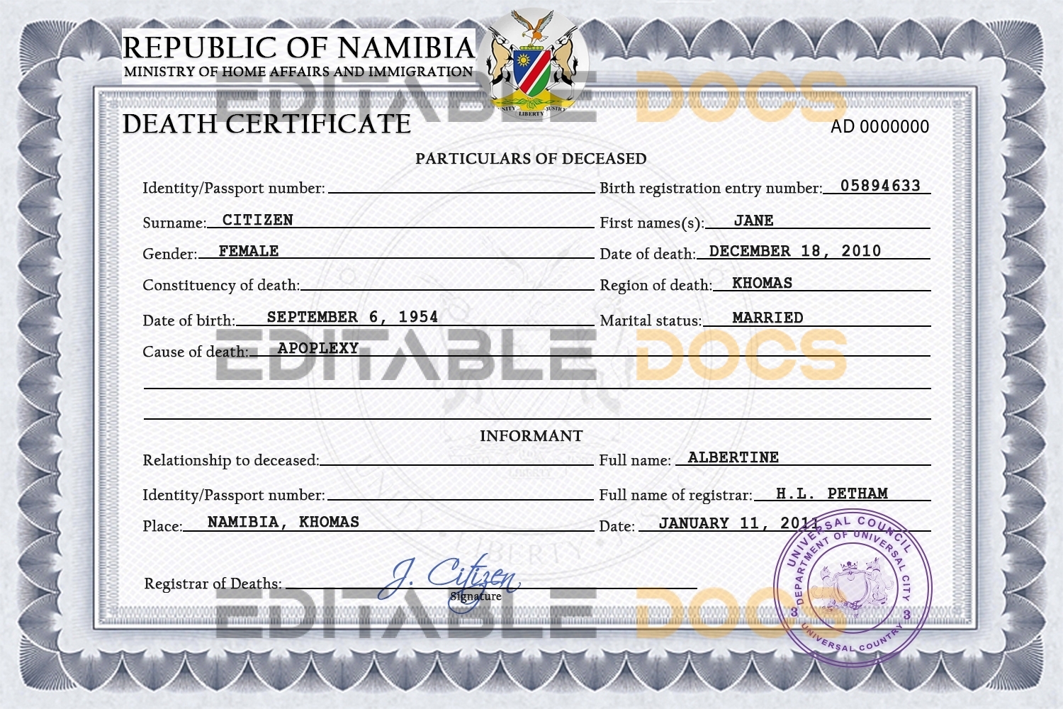 Customizable Of Deluxe Universal Death Certificate PSD Templates | Instant Download