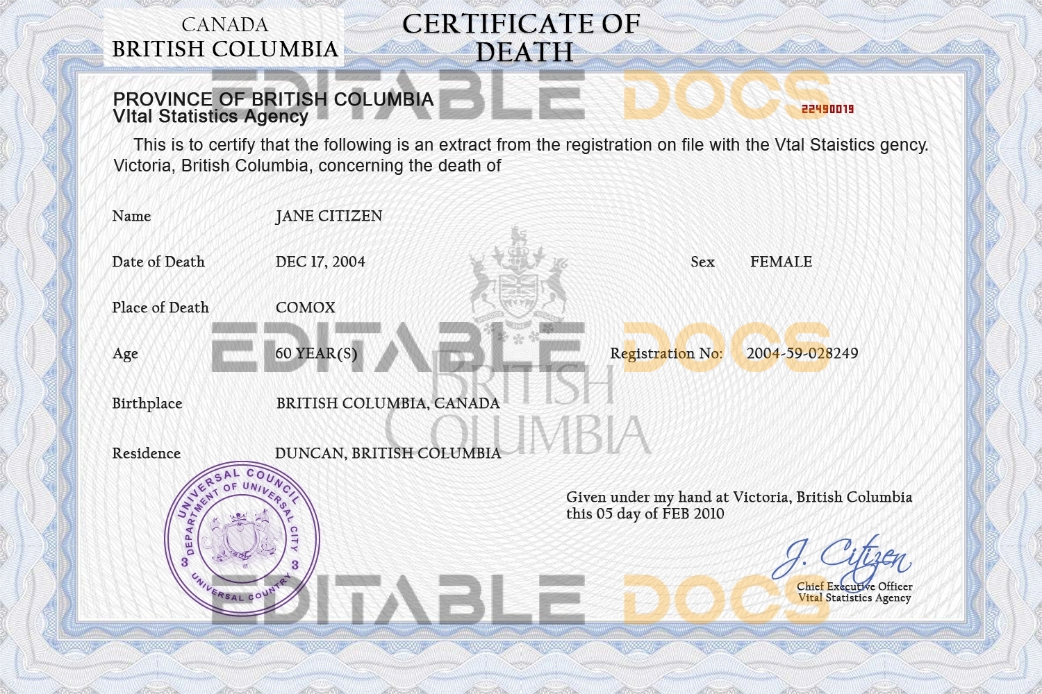 Customizable Of Integrity Universal Death Certificate PSD Templates | Instant Download