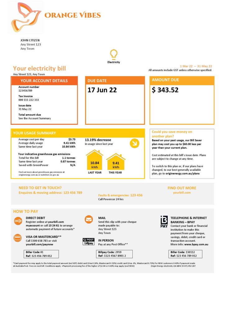 orange vibes universal multipurpose utility utility bill template