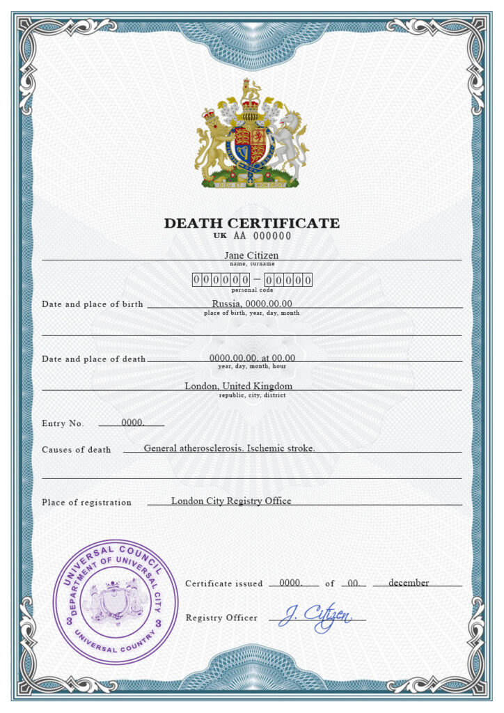 Customizable origin Break Vital Record Universal Death Certificate PSD Templates