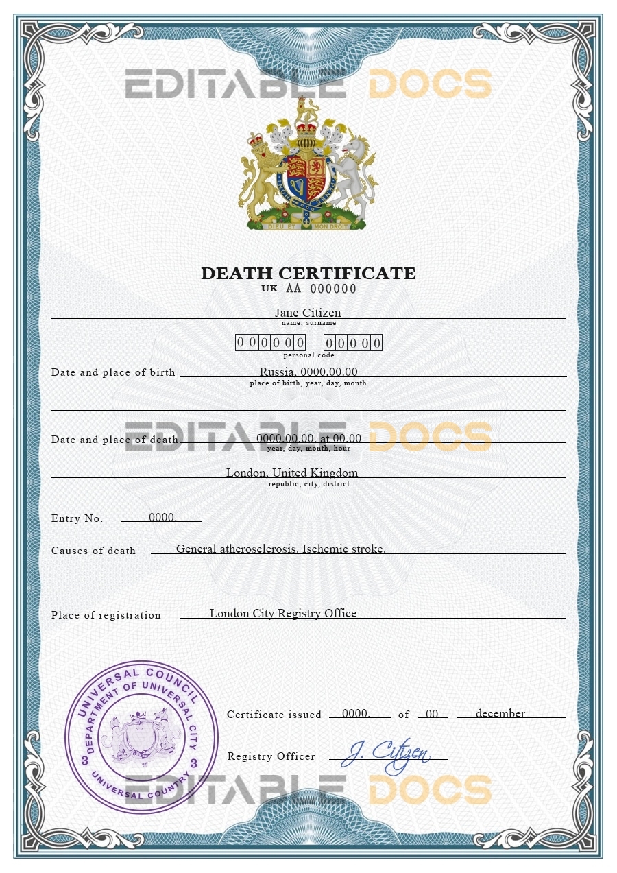 Customizable origin Break Vital Record Universal Death Certificate PSD Templates | Instant Download