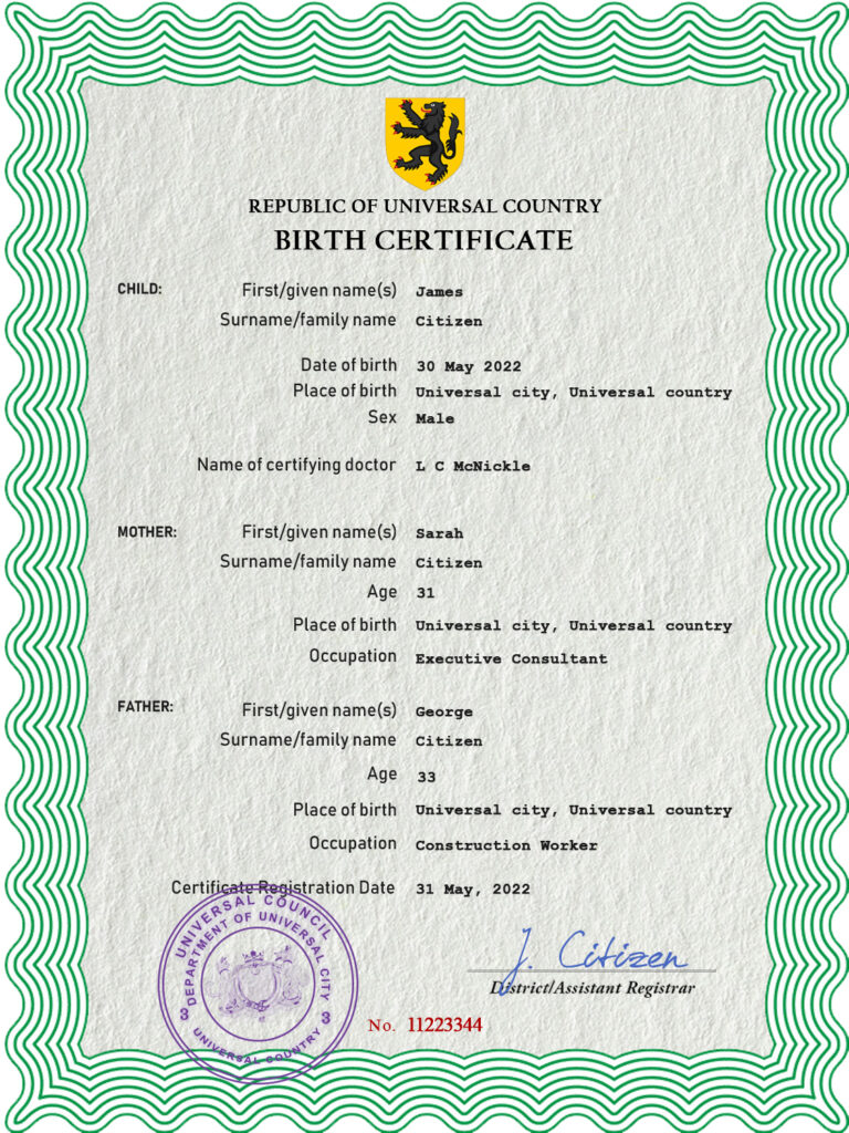 Authentic plug universal Birth Certificate PSD Template