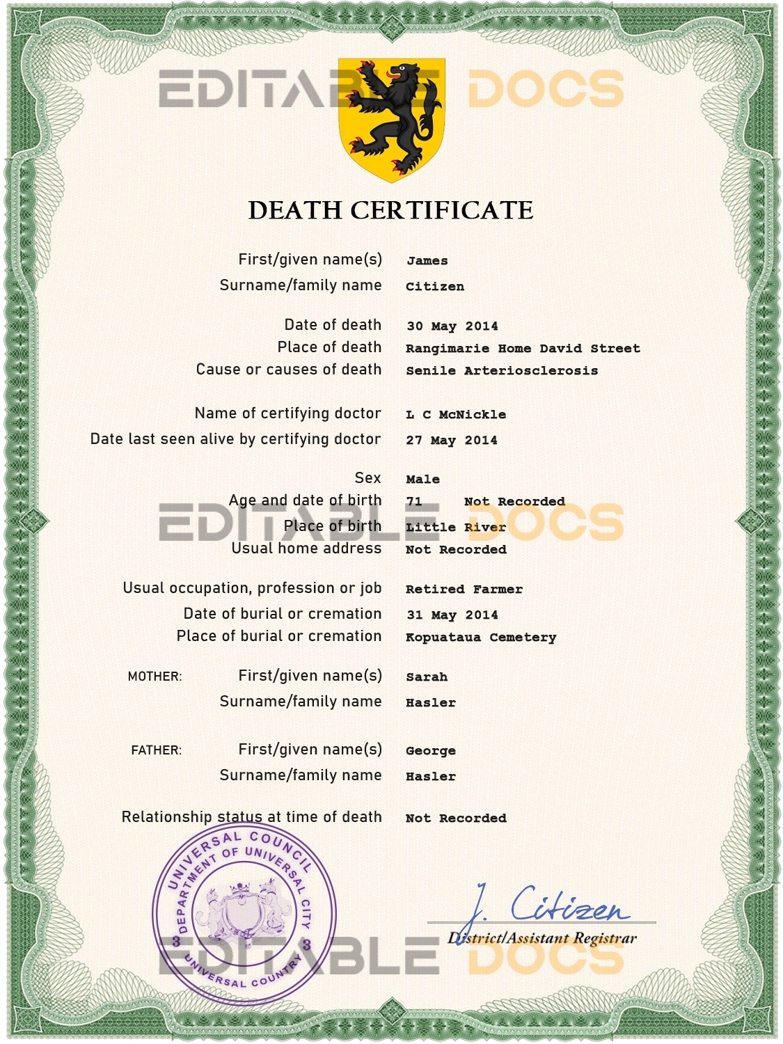 Customizable Point Flow Universal Death Certificate PSD Templates | Instant Download