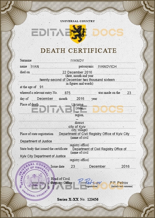 Customizable Pulse Verse Vital Record Universal Death Certificate PSD Templates